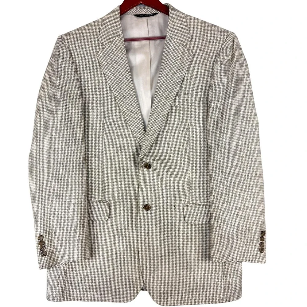 Jos A Bank Blazer Mens 42 Long Tan Tweed Check 100%‎ Silk Sport Coat Jacket Work